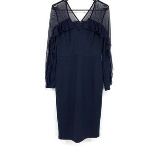 Maggy London Dress Navy Blue Sheer Illusion V Neck Long Sleeve Ruffle